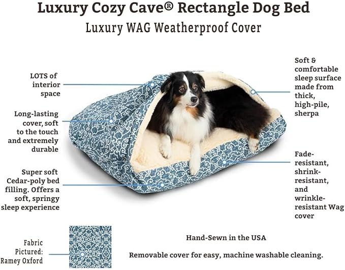 Snoozer Luxury Rectangle Cozy Cave Dog Bed - Indoor Dog Bed with Cover Cave, Covered Calming Burrow for Medium & Large Sized Pets with Blanket Attached, Enclosed, Washable - Large, Pedigree Denim
