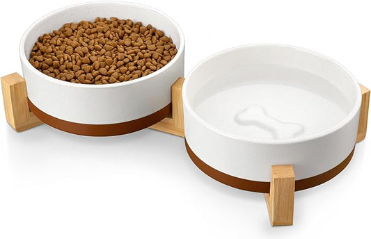 MALACASA Ceramic Dog Bowls, Dog Bowls for Medium Sized Dogs with Wood Stand - Pet Food & Water Bowl Set for Cat Medium Dogs, Weighted Glaze Matte.34 OZ (M-3.5 Cups)