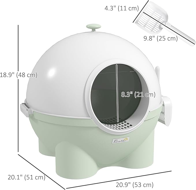 PawHut Hooded Cat Litter Box, Large Kitty Litter Pan with Lid, Scoop, Leaking Sand Pedal, Top Handle, Light Green