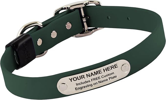 Biothane Custom Dog Collar – Waterproof, Stink-Proof Personalized Collar with Name & Phone Number – Durable, Many Sizes and Colors – Assembled in USA (Forest Green)