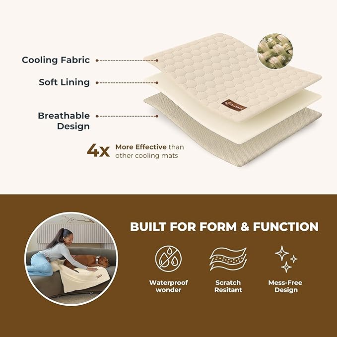 Dog Cooling Mat- Ice Silk Summer Comfort, Self Cooling, Non-Slip Dog Pad, Durable & Washable, Mat for Medium Dogs 50x65 cm, Support Shelter Dogs with Every Purchase (Beige)