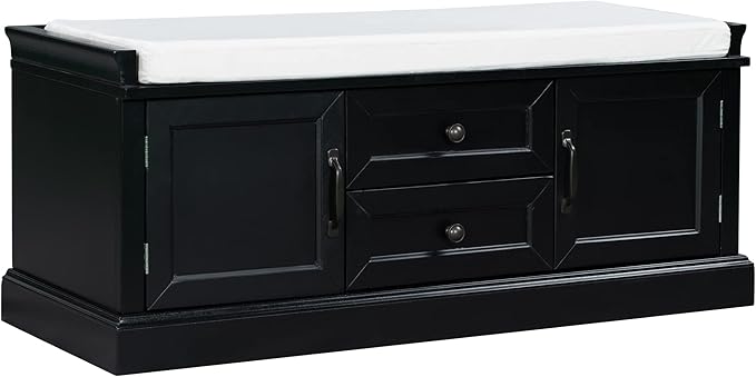 Storage Bench with 2 Drawers and 2 Cabinets, Pine Wood Shoe Bench with Removable Cushion for Living Room, Entryway 42.5" L x 15.9" W x 17.5" H (Black)