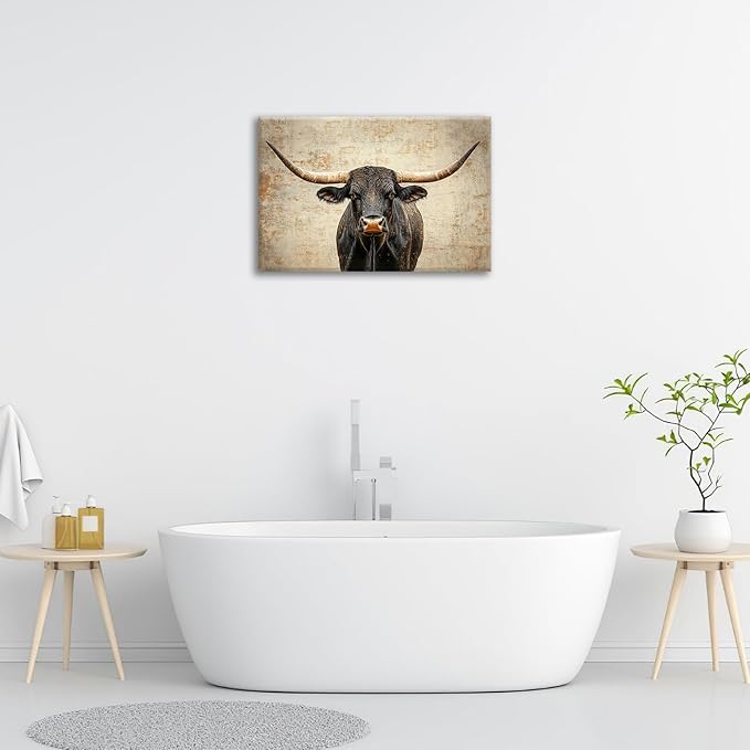 Rustic Highland Cow Pictures Wall Art, Farmhouse Longhorn Bull Bathroom Wall Decor Black Cow Framed Painting Canvas Artwork for Bathroom Bedroom Living Room Decorations 24"L x 16"W