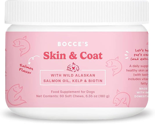 Bocce's Bakery Skin & Coat Supplement for Dogs, Daily Chews Made in The USA with Vitamin E & Essential Fatty Acids, Supports Healthy Skin & Coat, Salmon, 60 ct, Red (DG-SP-SKIN60)