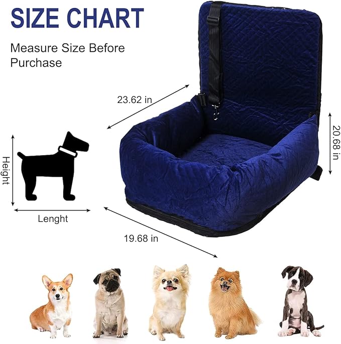 Dog Car Seat for Small Medium Dogs Up to 40lbs, Detachable Washable Soft Pet Booster Travel Bed for Front & Blue Seat with Safety Leash Belt
