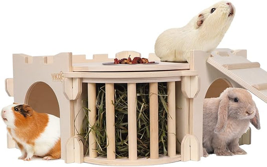Large Guinea Pig Castle, Natural Wood Rabbit House with Ladder and Hay Feeder, Small Animal Hideout for Rabbit Guinea Pig Hedgehog Chinchilla