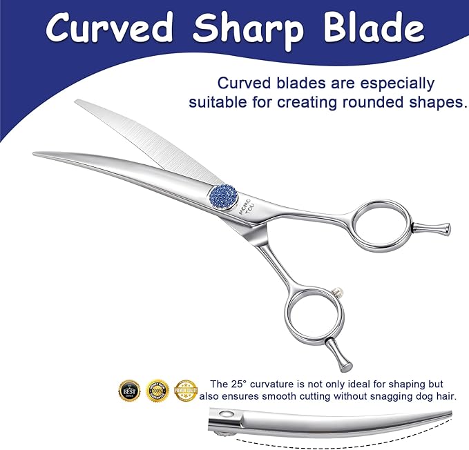 7.5'' Dog Grooming Scissors Set with Blue Diamond Adjustable Screws CNC 440C Stainless Steel Thinner Chunker Straight Curved Shears with Comb Sharp and Durable