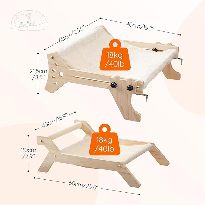 HOOBRO Cat Window Perch, Set of 2, Cat Window Hammock with Support Legs, Cat Hammocks for Indoor Use, Cat Beds with Soft Plush for Window and Floor, Natural NL44CS03