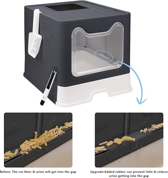 Foldable Cat Litter Box with Lid, Enclosed Potty, Large Top Entry Anti-Splashing Toilet, Easy to Clean Including Litter Scoop and 2-in-1 Cleaning Brush (Black)
