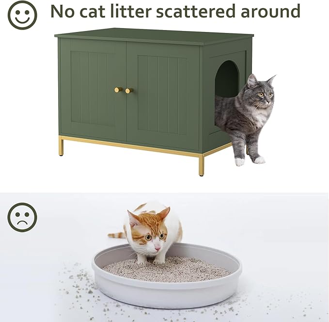 Homhedy Cat Litter Box Enclosure, Cat Washroom Furniture with Metal Frame, Pet House, Fit Most of Litter Box, Modern Style, Green and Gold