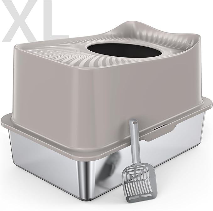Stainless Steel Cat Litter Box, XL Top Entry Litter Box for Big Cats, Enclosed Large Cat Box with High Wall, Metal Cat Litter Pan Never Absorbs Odors, Easily Cleaning, Include Scoop