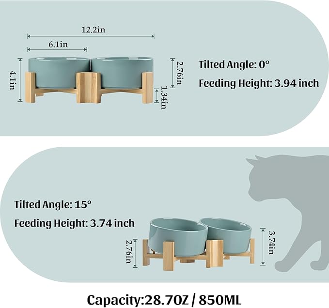 SPUNKYJUNKY 15° Slanted Ceramic Dog and Cat Bowl with Wooden Stand, Tilted Bulldog Food and Water Bowl No Slip Non-Spill for Cats Medium Dogs Big Face Pets 28.7 OZ (3.6 Cups, Light Green × 2)