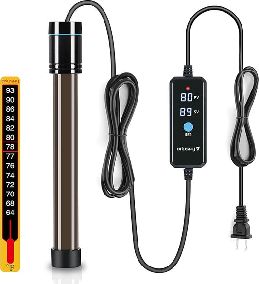 Orlushy 150W Submersible Aquarium Heater, Adjustable Fish Tank Heater with Digital Display External Controller, Overheat Protection and Free Thermometer for 20-30 Gallons Freshwater and Saltwater Tank