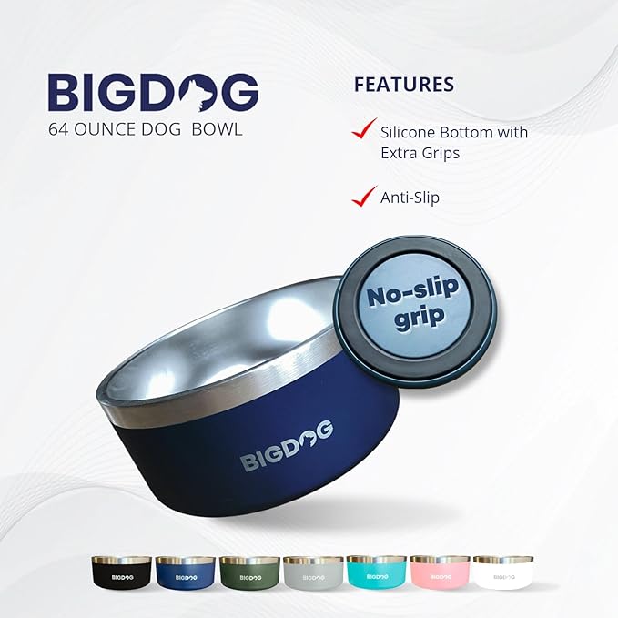 BIGDOG Large Dog Bowls, Stainless Steel, No Spill, 100 Ounce, Blue