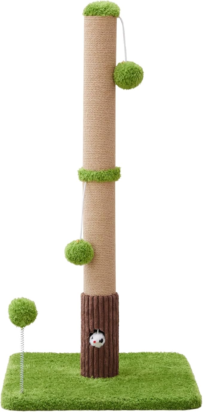 33" Tall Cat Scratching Post for Indoor Cats, Premium Sisal Scratch Posts with Cat Toys and Fun Mouse Holer for Cats at All Ages, Scratcher Tree with Reinforced Stable Base (Green)