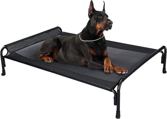 Veehoo XL Outdoor Elevated Dog Bed, Raised Dog Cot for Extra Large Dogs, Cooling Washable Waterproof Pet Hammock Beds with Slope Headrest, Breathable Mesh and Sturdy Frame, X-Large, Black, CWC2204