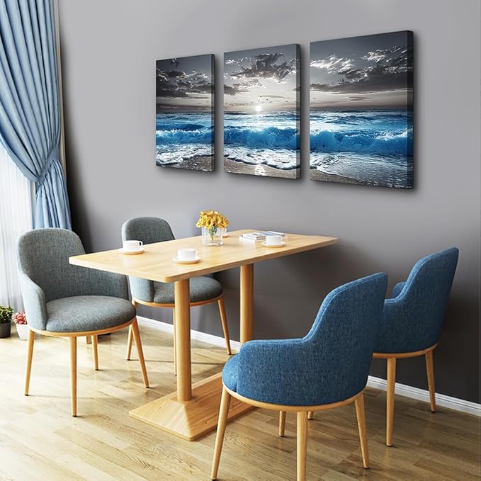 TTHYUEWS Black And White Beach Wall Pictures Wall Decor For Living Room Canvas Wall Art For Bedroom Office Decorations Blue Sea Wave Ocean Paintings Artworks Canvas Art Modern Home Decor 3 Pieces
