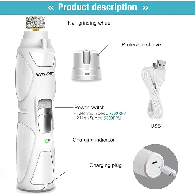 Pet Nail Grinder with LED Light & 2 Grinding Heads, 2-Speed Low Noise & More Powerful Dog Nail Grinder, Pet Nail Trimmer File, Painless Paw Claw Care, Quiet Toenail Grooming Tool for L/M/S Dogs/Cats