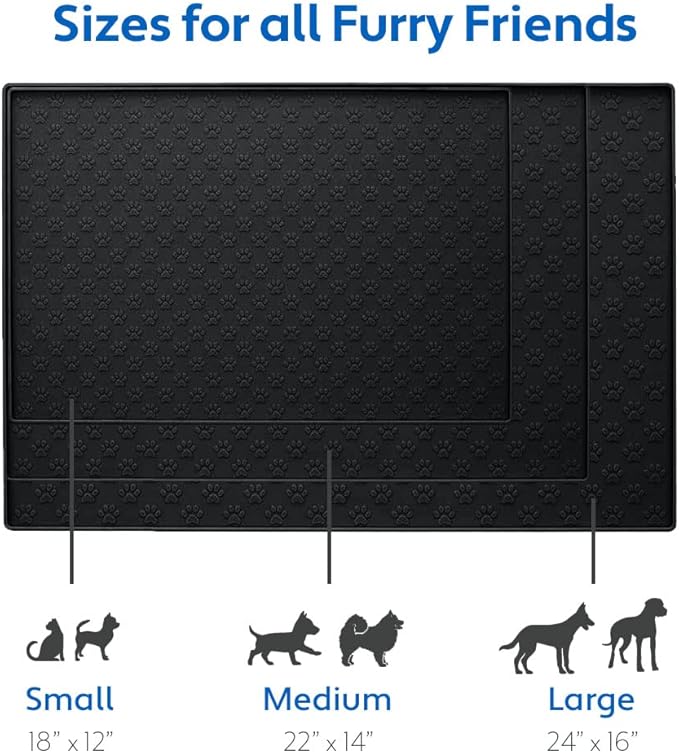 MIGHTY MONKEY 100% Waterproof Dog Food Mat, Raised Edges Silicone Pet Feeding Placemat for Cat, Dogs, Pet Bowls, High Lipped Tray Prevents Water Spills, Food on Floor, Dishwasher Safe, 24x16, Black