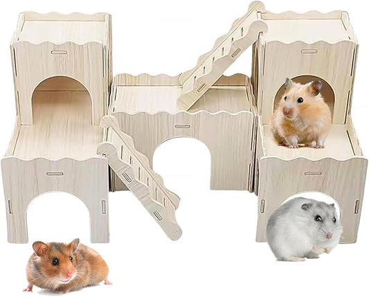Large Wooden Hamster House Castle with Double Decker,Large Hamster, Wooden Hamster Houses,Dwarf Hamster Habitat Hideout with Climbing Ladder,Large Guinea Pig Castle Detachable Hideouts(c)