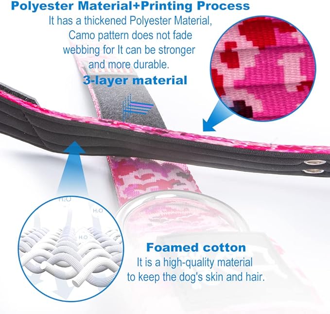 TSPRO Tactical Dog Collar 1.5 Inch Wide Thick Dog Collars with Heavy Duty Metal Buckle, Durable, Strong, Adjustable for Medium to Large Dogs (Camo Pink M)