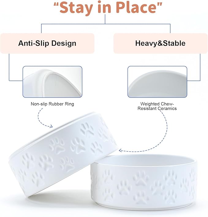SPUNKYJUNKY Ceramic Dog Bowls 2 Pack, 7.3'' Dog Food Water Double Feeding Bowls Non-Slip for Medium to Large Sized Breed Microwave Dishwasher Safe - 42 OZ, 2pcs, Paw White