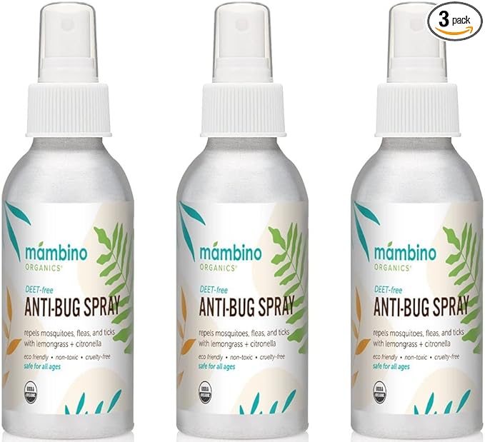 Anti-Bug Spray DEET-Free – Organic, All-Natural Bug Spray Travel Size with Essential Oils – Non-Toxic, Reef Safe, Face-Safe Bug Repellent for Babies, Kids, Adults by Mambino Organics, 4oz 3-Pack