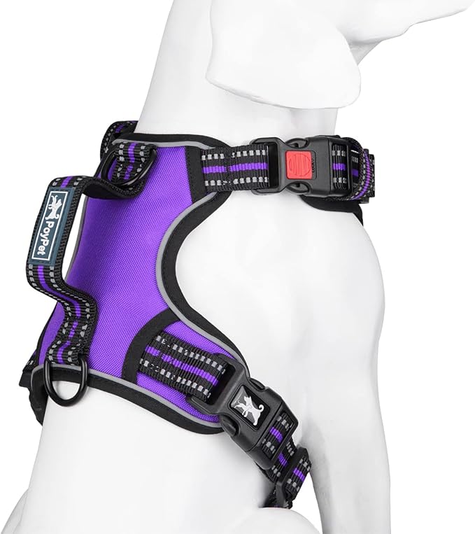 PoyPet No Pull Dog Harness, No Choke Front Clip Reflective Dog Vest with Soft Padded Vertical Handle, 3 Leash Attachments for Small Medium Large Dogs (Purple,XL)