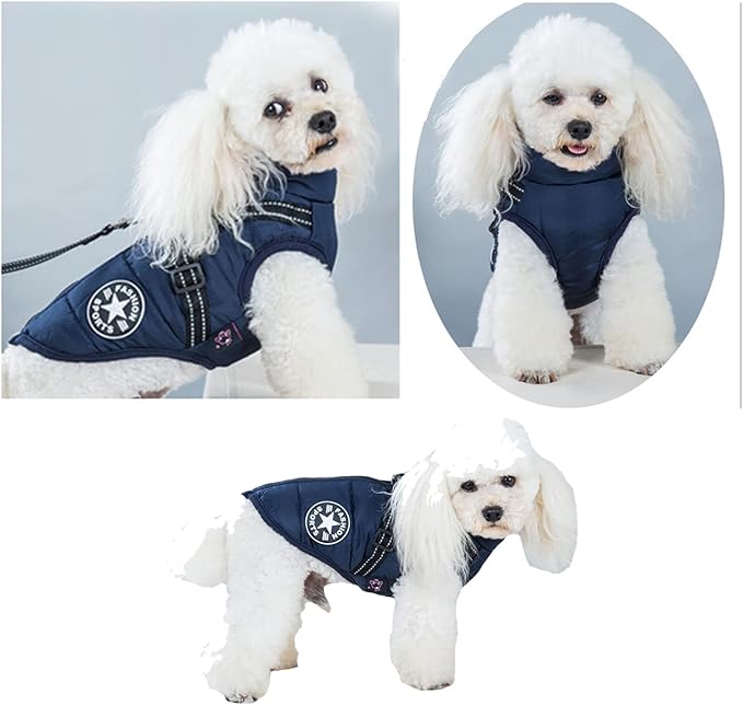 HDKUW Small Dog Jacket, Small Dog Coat Harness Winter Warm Vest Jacket Waterproof Cotton Costume for Puppy Small Dogs (XL, Blue)