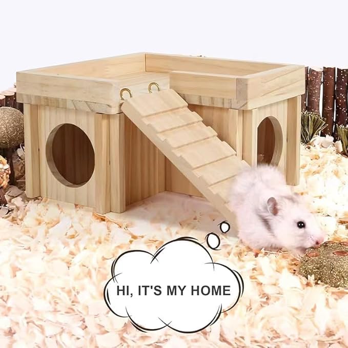 Hamster House Multi Chamber Wooden Hamster Maze Tunnel with Ladder Gerbil Hideout Castle Small Animal House Hut Habitats Cage Accessories for Hamster Rat Gerbils and Other Small Pets