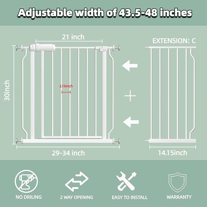 TSAYAWA Walk Through Baby Gate with Door, 43.5-48 Inch Wide Presure Mounted No Drill Metal Auto Close Child Gate for Stair Doorway - Indoor Outdoor Safty Gate for Toddler Dog Doggie, White