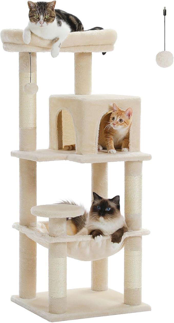 Cat Tree for Indoor Cats, 45.7" Multi-Level Cat Tower with Large Metal Frame Hammock, Cat Condo with 4 Scratching Posts and Top Perch for Small Medium Cat, Beige