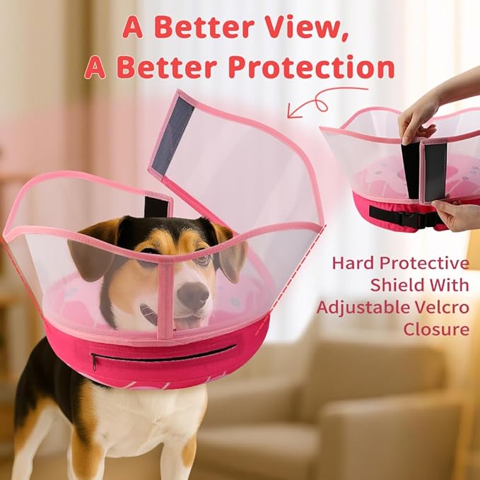 Soft Dog Cone Collar, Inflatable Donut Cones Alternative After Surgery with No-Lick Shield for Large/Medium/Small Dogs to Stop Licking, Elizabethan Neck Ecollars of Shame Comfy Pillow Recovery, Pink