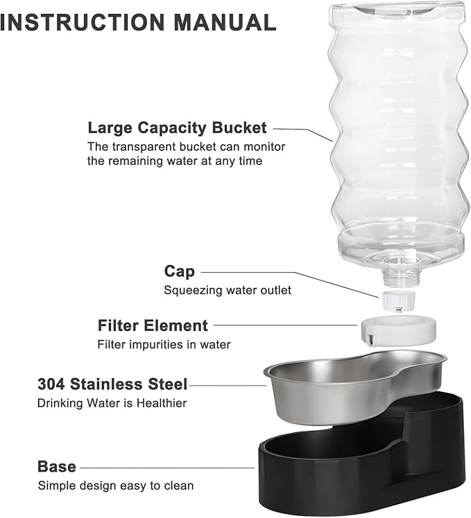 Sfozstra Automatic Pet Water Dispenser: 9L Black Lagre Dogs Stainless Steel Gravity Feeder - Convenient Drinking Water Dispenser Designed for Dogs and Cats