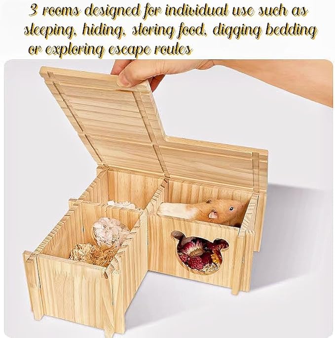 Natural Wooden Hamster House Hideout Multi-Chamber Hamster Maze Tunnel Detachable Small Pet House Habitats Exploring Toys for Dwarf Hamster, Hedgehog, Rats, Gerbils, Mice, Guinea Pigs
