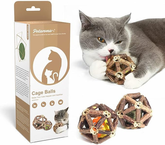 Potaroma Catnip Toys, 3Pcs Cat Toys Natural Silvervine Stick Cage Balls & Bell Ball for Indoor Cats, Kitten Cleaning Teeth Molar Matatabi Cat Chew Toy All Breeds