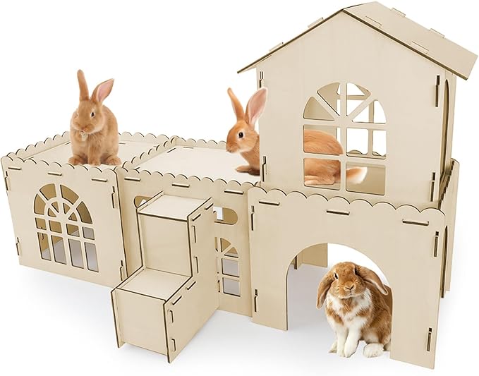 YUEPET Extra Large Wooden Rabbit Hideout Castle Detachable Bunny Tunnel Hut with Ramp Small Animal Houses & Habitats for Outdoor Indoor Rabbit Guinea Pig Chinchilla Ferret Hamster to Rest Hideawy Play