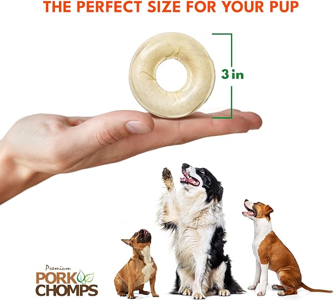 Pork Chomps Pressed Pork Skin Dog Chews, 2.5-inch Rings, Real Chicken, 8 Count