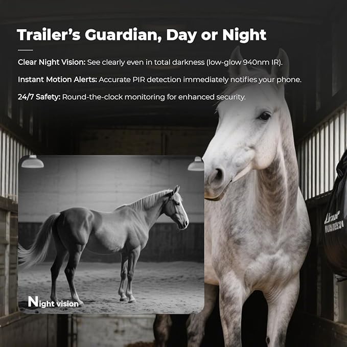 NomadEye Wireless Horse Trailer Camera – 4K Live Video & 2-Way Audio – WiFi Connect – Magnetic Mount – 15Hrs Recording – Night Vision – iOS & Android App (3 Pack)