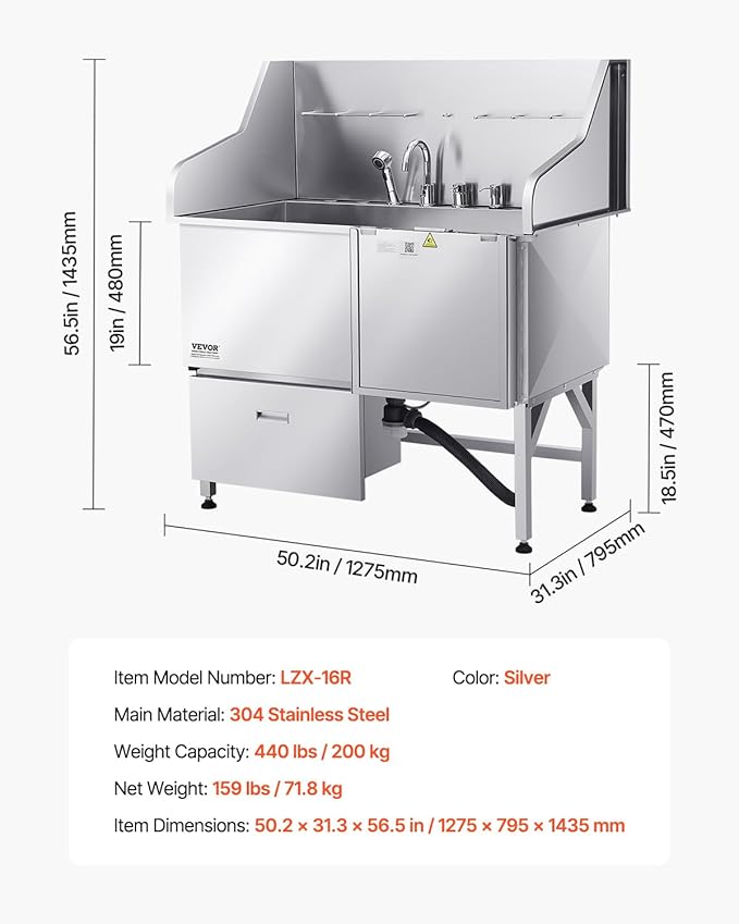 VEVOR Professional 304 Stainless Steel Dog Bathing Station, 50 inch Pet Grooming Tub w/Anti-Slip ramp, Storage Drawer, Cold Hot Faucet Showerhead, for Large & Medium & Small (Right Door, with Drawer)