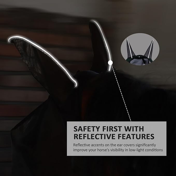 Horse Fly Mask Large Space Breathable UV Protection Equine Mask with Reflective Features on Ears Hunter Green L