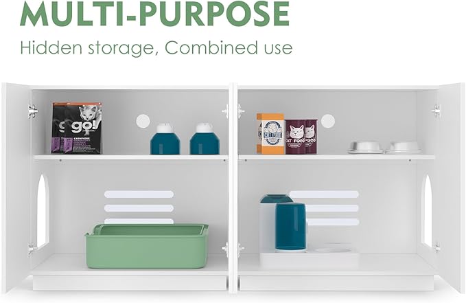 Large/Tall Litter Box Enclosure, Modern Wooden Litter Box Furniture for XL Litterbox with Hidden Storage as Sideboard Cabinet (White)