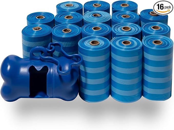 Best Pet Supplies Dog Poop Bags (240 Bags) for Waste Refuse Cleanup, Doggy Roll Replacements for Outdoor Puppy Walking and Travel, Leak Proof and Tear Resistant, Thick Plastic - Blue Strips