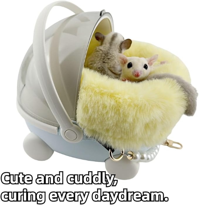 Sugar Glider Carrier Cage with Warm Nest, Cushion, Mat and Safe Lock, Portable Cages with Chain, Small Animals Travel Carrier Plastic Breathable Outgoing Box for Hamsters (White)