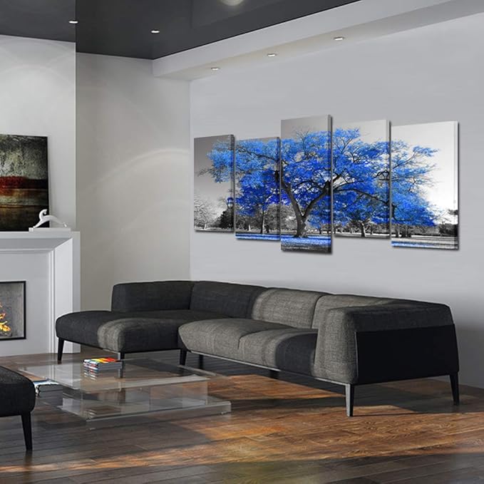 KREATIVE ARTS Canvas Print Wall Art Painting Contemporary Blue Tree In Black And White Style Fall Landscape Picture Modern Giclee Stretched And Framed Artwork (XLarge Size 80x40inch)