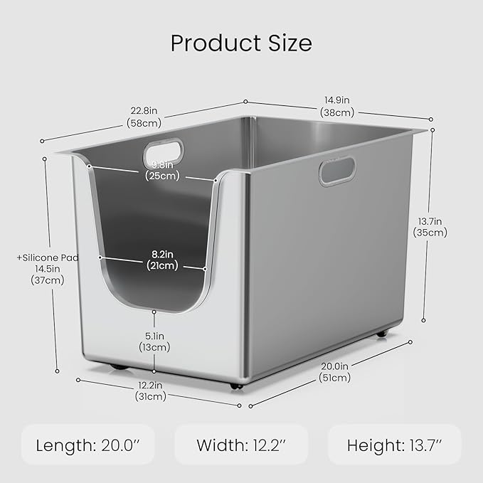 Stainless Steel Litter Box 13.7'' High Sides, XL Metal Cat Litter Box with Curved Low Entry, Cat Litter Pan for Big & Multiple Cats, Pet Toliet with Handy Wheels for Easy Moving