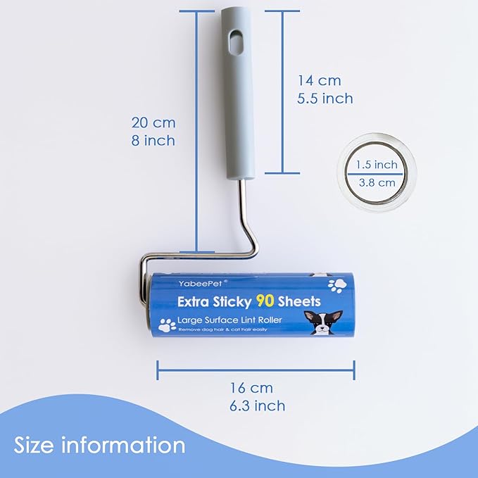 Extreme Sticky Large Surface Lint Roller, 6.3'' Giant Pet Hair Remover Roller for Pet Dog Cat Hair, Clothes&Furniture Cleaning, 90 Sheets (1 Roller + 2 Refills)