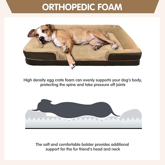 Dog Beds for Large Sized Dogs,Washable Orthopedic Memory Foam Dog Couch Sofa Bed with Bolster,Removable Cover,42x30Inch,Brown