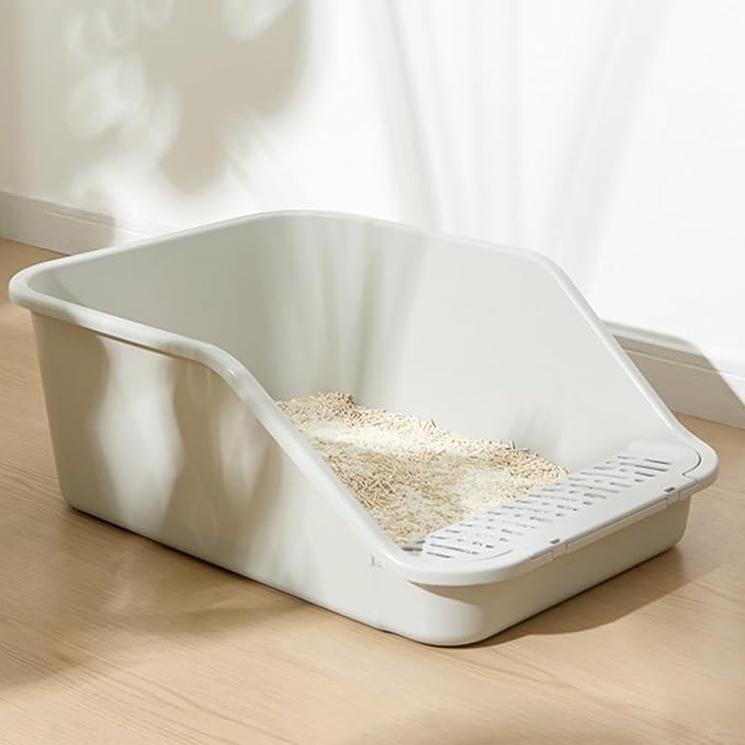 SpaceTime Large Cat Litter Box with High Sides,Cat Boxes for Indoor Cats,Cat Litter Pan for Kitty,Litter Box with Low Entry,Easy to Clean,Anti-Splashing(White-Yellow)