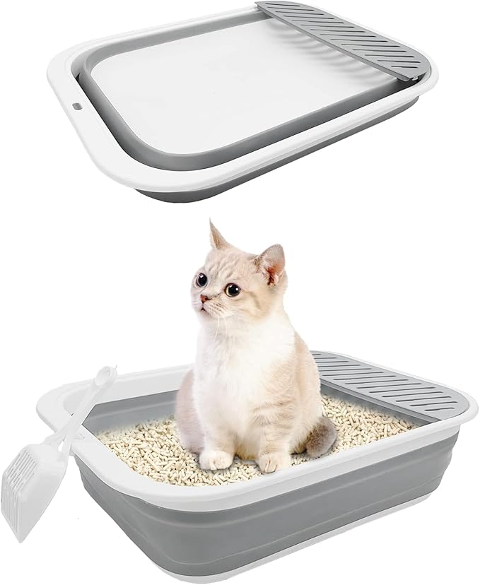 BNOSDM Collapsible Small Cat Litter Box for Kittens Open Potty Pan Foldable Cat Toilet with Scoop Senior Kitty Travel Shallow Litters Boxes Anti-Splash Waterproof Grey 17.7"×13.4"